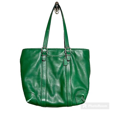 #ad COACH HAMPTONS TOTE Green Leather Shoulder Shopper Carryall Purse Bag 6491