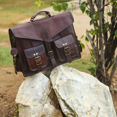 #ad Vintage Brown New Goat Genuine Leather Messenger Satchel Laptop Briefcase Bag