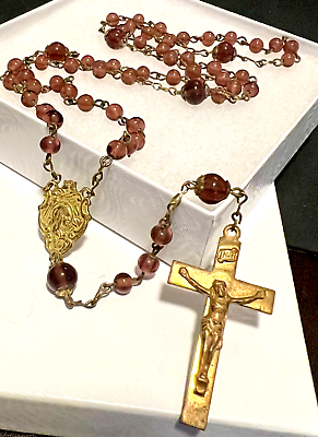 #ad VINTAGE Rosary Purple Violet Glass Beads Gold Tone Catholic 5 Decades FREE SHIP