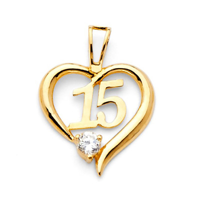 #ad 14K Yellow Gold Fancy 15 Anos Heart Quinceanera Charm Pendant Dije de Oro
