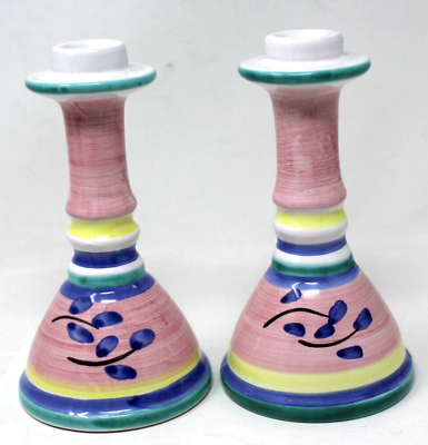 #ad Caleca Italy Hand Painted Pr Candlestick Candle Holder CAA3 Pattern VTG RARE #H8