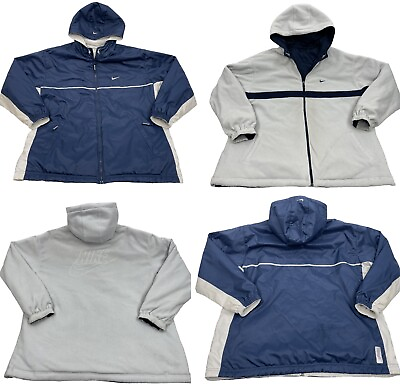 #ad Nike Reversible Hooded Nylon And Fleece Swoosh Blue Gray Jacket Men#x27;s 2XL XXL