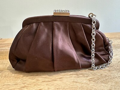 #ad Vintage Ann Taylor Evening Bag Clutch Purse Brown Satin Chain Strap Rhinestones