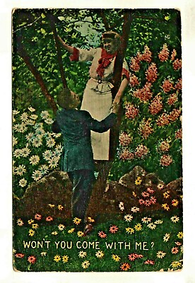 #ad SWEETHEART CARDS WON#x27;T YOU COME WITH ME ? VINTAGE POSTCARD STAMP 1913