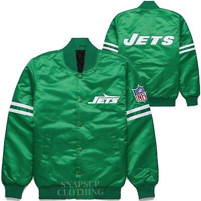 #ad NFL 80s New York Jets Green Satin Letterman Baseball Bomber Style Varsity Jacket