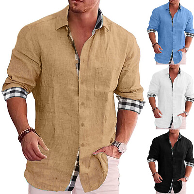 #ad Mens Long Sleeve Shirt Cotton Linen Work Casual Button Down Tops T Shirt Blouse