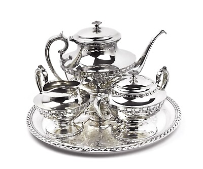 #ad Silver Plate 4 Piece Tea Coffee Set by King Silver Co on Serving Tray SLV283