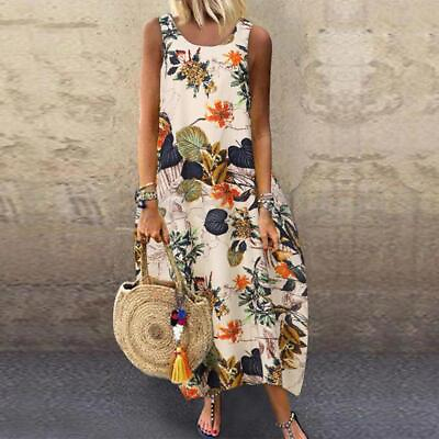 #ad Summer Women Linen Cotton Floral Printed Tank Dress Full Length Midi Sundress