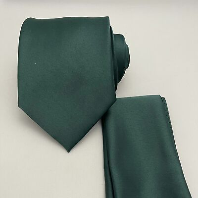 #ad Mens Solid Self tie Neck Tie Necktie And Pocket Square Hankie Dark Forest Green