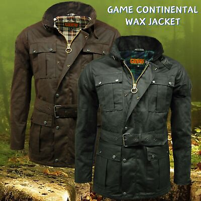 #ad Men Game Continental Belted Motorcycle 100% Wax Cotton Jacket Black Brown S XXL