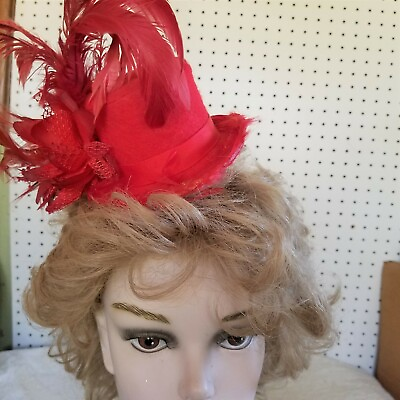 #ad Handmade Red Small Fascinator with Clip Fastener Feathers Flower Felt Doll Hat