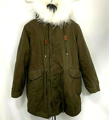 #ad Womens Coat Parka L Olive Green Luxe Jacket White Fox Fur Hood Parka New