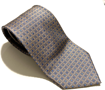 #ad Pronto Uomo 100% Silk Geometric Brown Beige Blue Hand Made Tie 58 x 4