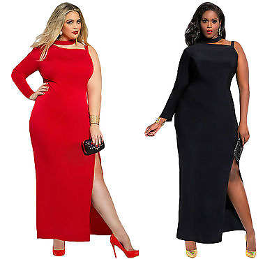 #ad Ladies Women Evening One Sleeve High Slit Maxi Red Black Dress Plus Size 16 18