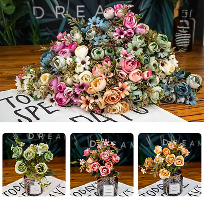#ad 12 Heads Artificial Flowers Faux Silk Bouquet Fake Rose Wedding Home Party Decor