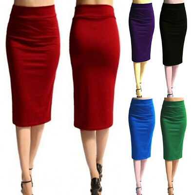 #ad Womens Thick Pencil Skirt Knee Length Office Work Stretch Elastic High Waisted