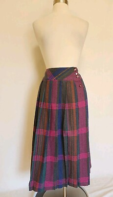 #ad Womens Vintage Purple Tartan Plaid Wool Skirt Midi
