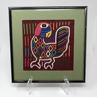 #ad Framed Mola Reverse Applique Parrot Colorful Embroidery 11quot; x 11quot;