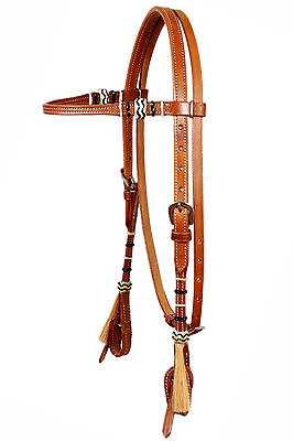 #ad Western Nat Leather Browband Style Headstall With Multi Rawhide Braiding Tassel