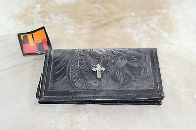 #ad LL Leather Womens Wallet Checkbook Black Tooled Cross Concho Credit Card Zip
