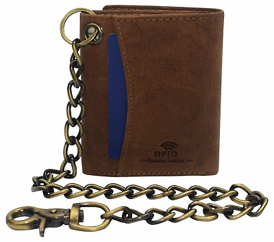 #ad Cazoro Crazy Horse Leather RFID Trifold Chain Wallet Men#x27;s