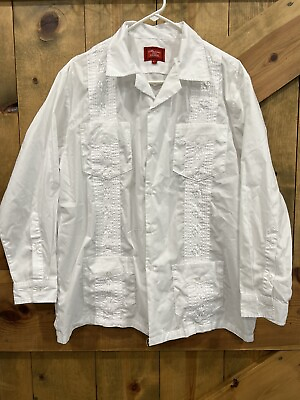 #ad Maximos Yucatan Size L White Embroidered Dress Shirt Button Up Cuban Long Sleeve