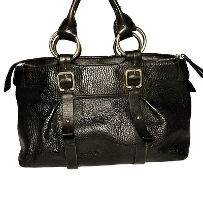 #ad Kenneth Cole Black Leather Shoulder Bag Satchel Handbag Purse Double Handle