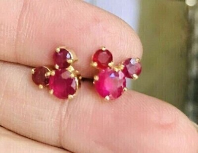#ad 2 Ct Round Cut Simulated Red Ruby Cute Stud Earring 14k Yellow Gold Plated