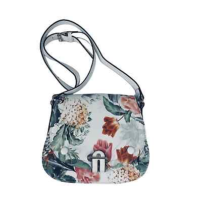 #ad Floral Print Flap Closure Crossbody Bag Vegan Leather Zip Closure Silver Details