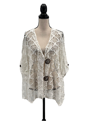 #ad LeModa Womens Crochet Lace Cardigan Cover Up White XXL See Thru Short Sleeves
