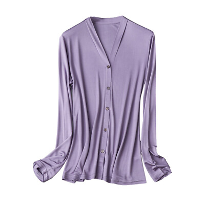 #ad Summer Women Pure Silk Solid Color Shirt Vneck Longsleeve Single Breasted Blouse