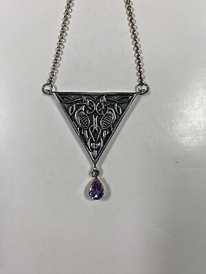 #ad Peter Stone Sterling Celtic Bird Pendant Necklace w Amethyst Drop