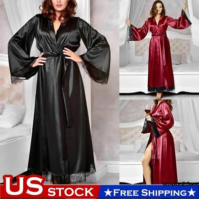 #ad Sexy Womens Sleepwear Lace Silk Long Bride Kimono Robe Satin Night Dressing Gown