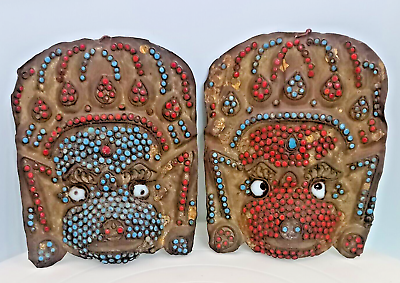 #ad VINTAGE PAIR OF TIBETAN NEPALESE EMBOSSED COPPER MASK w RED BLUE STONES c1975