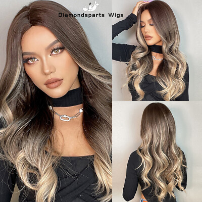 #ad Brown mixed Blonde Ombre Hair Wigs for Women Long Body Wave Wig with Highlights