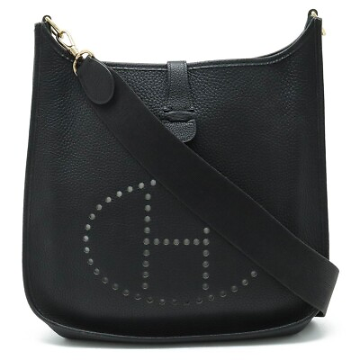 #ad HERMES Evelyne 1 GM Fjord Leather Black Shoulder Bag Engraving Z