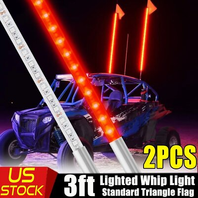 #ad 2X 3ft LED Lighted Antenna Whip Flag Pole Red for ATV UTV RZR Off Road Polaris