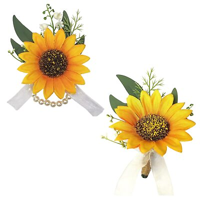 #ad 2 PCS Artificial Sunflower Boutonniere amp; Wrist Corsage SetBride Groom Bridesm...