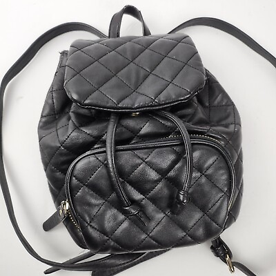 #ad Forever 21 Black Faux Leather Quilted Adjustable Mini Backpack Purse