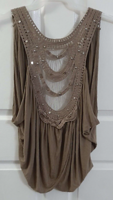 #ad Women#x27;s Taupe Sleeveless Backless Scoop Neck Top With Sequin Read Measurements