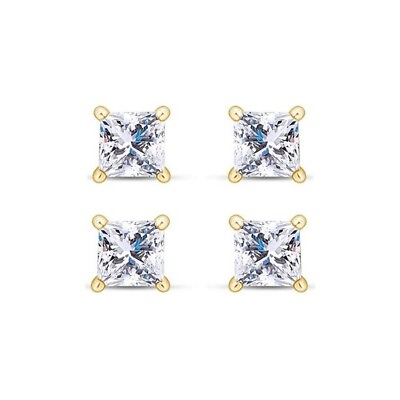 #ad 18k Yellow Gold 4mm 2Ct Created White CZ Set Of Two Stud Earrings Plated