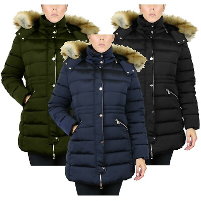 #ad Womens Heavyweight Parka Jacket W Detachable Fleece Lined Fur Hood Full Zip NEW