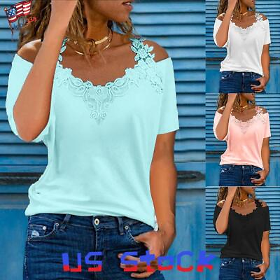 #ad Sexy Womens Cold Shoulder Lace T Shirt Blouse Ladies Loose Floral Tunic Tops US