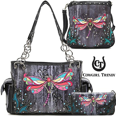 Dragonfly Handbag Western Style Purse Women Shoulder Bag Crossbody Wallet Black $32.95