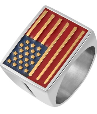 #ad Silver Stainless Steel Ring for Men Patriotic American Flag