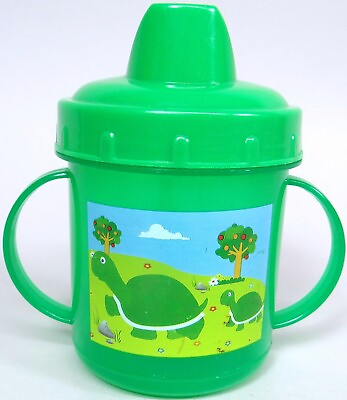 #ad Vtg Greenbrier Sippy Cup Baby Toddler Tumbler Green Turtle Plastic 2 handles Lid