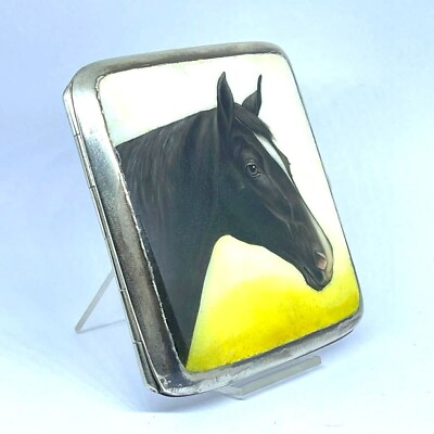 #ad Antique Alpacca Cigarette Box With Amazing Horse Enamel Design 2J