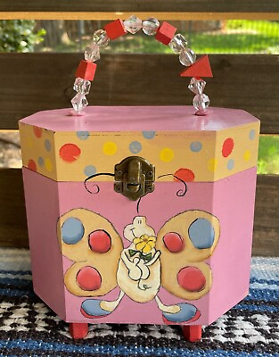#ad Vtg Hand Painted Butterfly Dots Childs Girls Pink Wooden Box Purse Beaded Handle