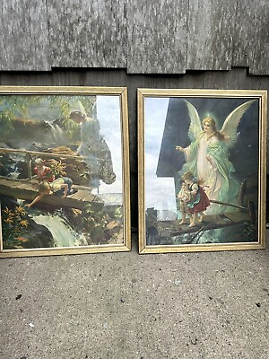 #ad 1950 Lithographs Framed The Guardian Angel and BY: Copr M. Moss Angel On Bridge