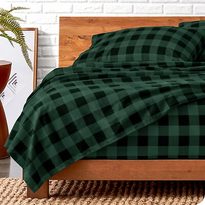#ad 100% Cotton Flannel Sheet Sets Buffalo Plaid Forest Green Black SOLD AS IS